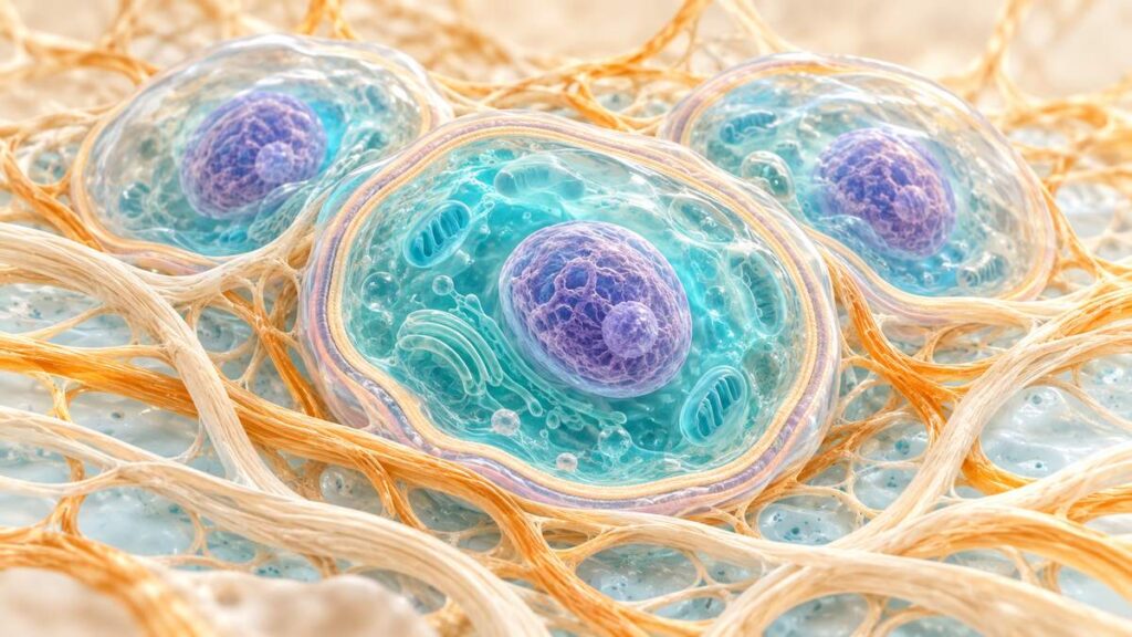 Illustrazione di cellule con acqua intracellulare azzurra, circondate da liquido extracellulare e fibre della matrice.