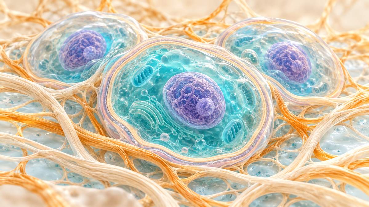 Illustrazione di cellule con acqua intracellulare azzurra, circondate da liquido extracellulare e fibre della matrice.